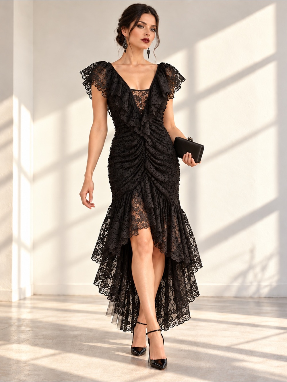 Renée by Lori-Ann Vintage Black Lace High Low Evening Dress Gothic Sz 5/6